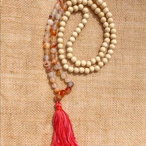 Red Flower Agate and White Wood Mala- 108 beads